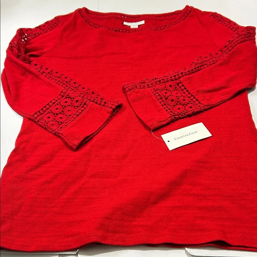 Charter Club Women's Red Crochet Sleeve Top